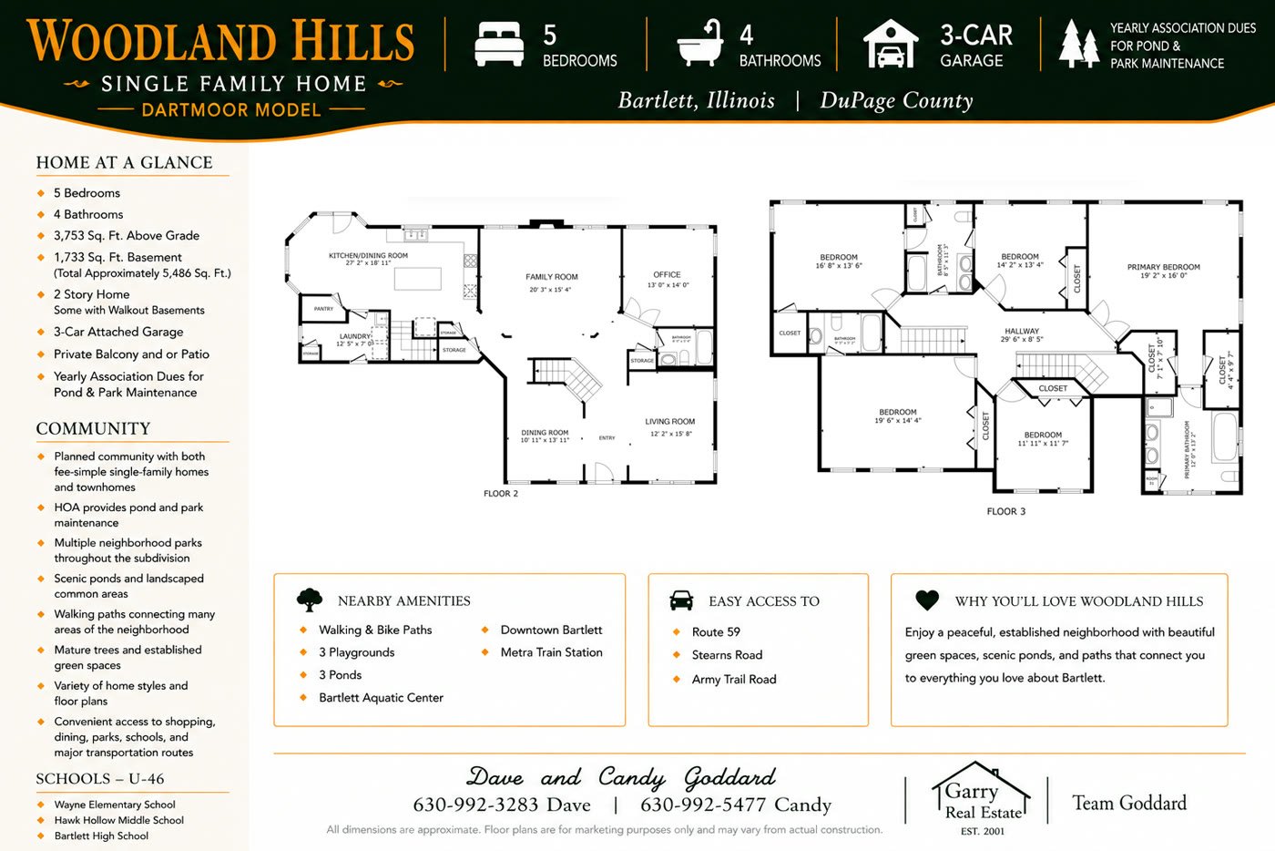 Woodland Hills Dartmoor model floor plan, Bartlett IL: 5 bedrooms, 4 bathrooms, 3-car garage, 3,753 sq ft above grade