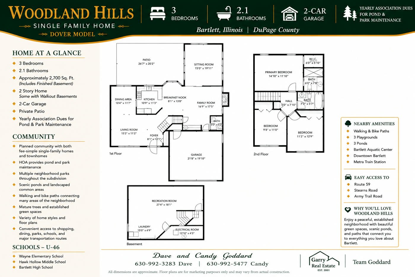 Woodland Hills Dover model with addition floor plan, Bartlett IL: 3 bedrooms, 2.1 bathrooms, 2-car garage, approximately 2,700 sq ft
