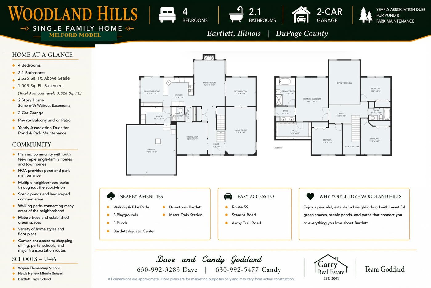Woodland Hills Milford model floor plan, Bartlett IL: 4 bedrooms, 2.1 bathrooms, 2-car garage, 2,625 sq ft above grade