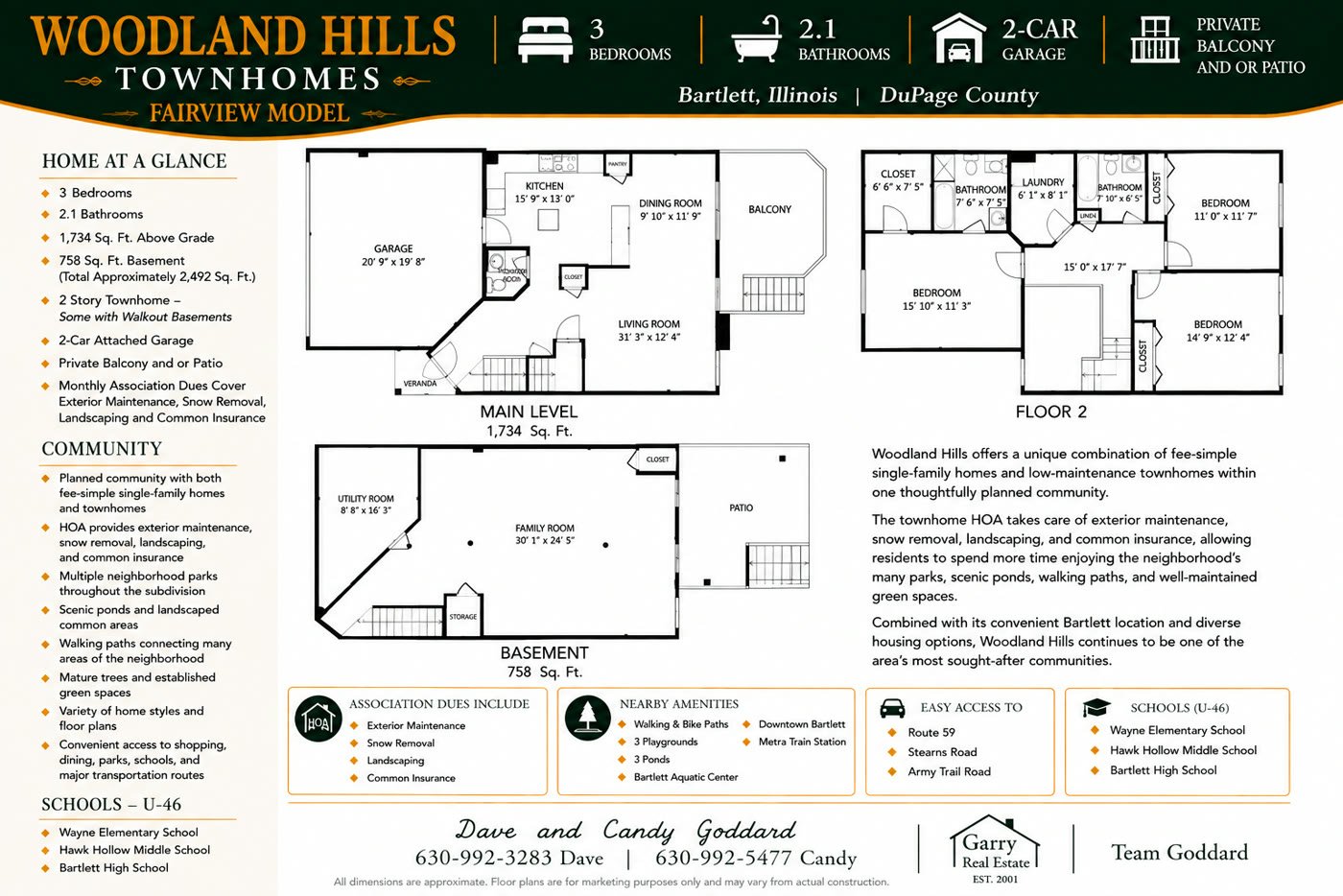 Woodland Hills Fairview townhome floor plan, Bartlett IL: 3 bedrooms, 2.1 bathrooms, 2-car attached garage, 1,734 sq ft above grade