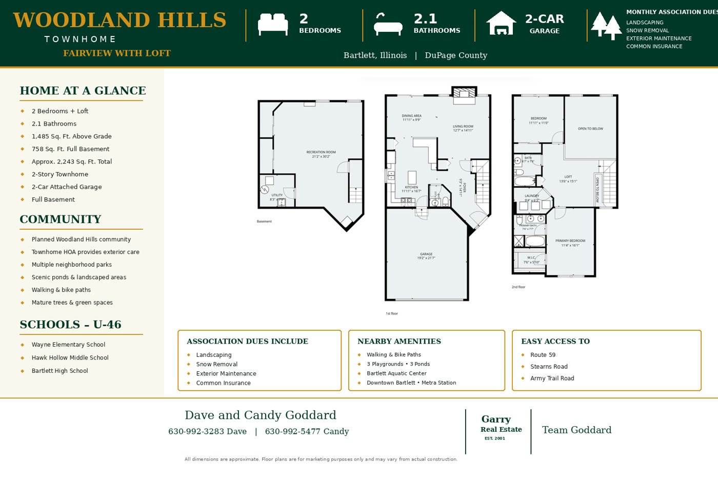 Woodland Hills Fairview townhome with loft floor plan, Bartlett IL: 2 bedrooms plus loft, 2.1 bathrooms, 2-car attached garage, 1,485 sq ft above grade
