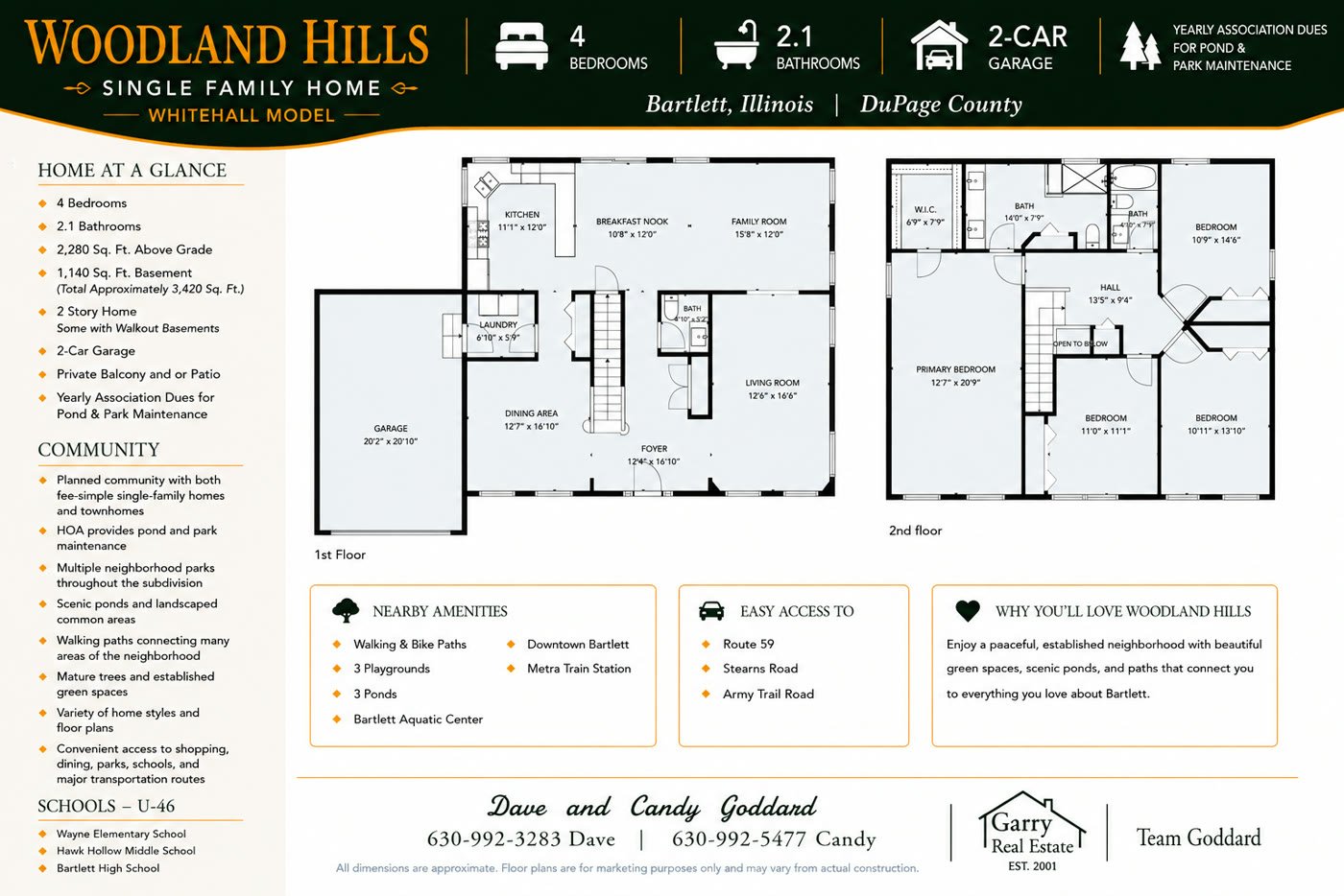 Woodland Hills Whitehall model floor plan, Bartlett IL: 4 bedrooms, 2.1 bathrooms, 2-car garage, 2,280 sq ft above grade